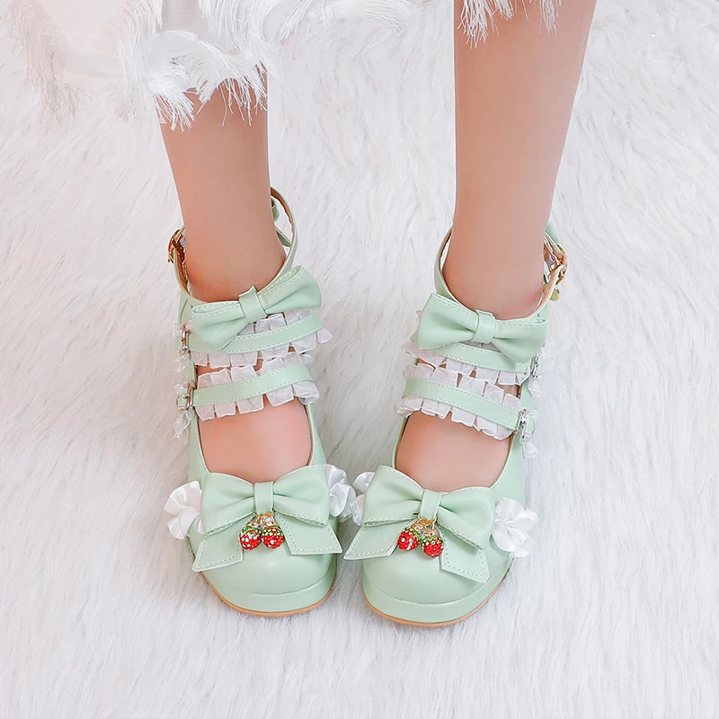 Women Fashion Sweet Bownot Lolita Shoes Block Heels Strawberry Ankle Strap Platform Lace Men Maid Mary Jane Pumps Big Size 34-48