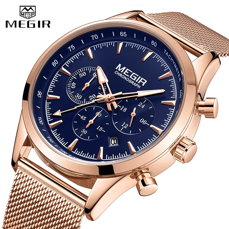 Megir 2022 Nieuwe Heren Horloges Business Roestvrij Stalen Band Waterdicht Quartz Horloge Mannen Chronograph Luxe Sport Mannelijke Horloge