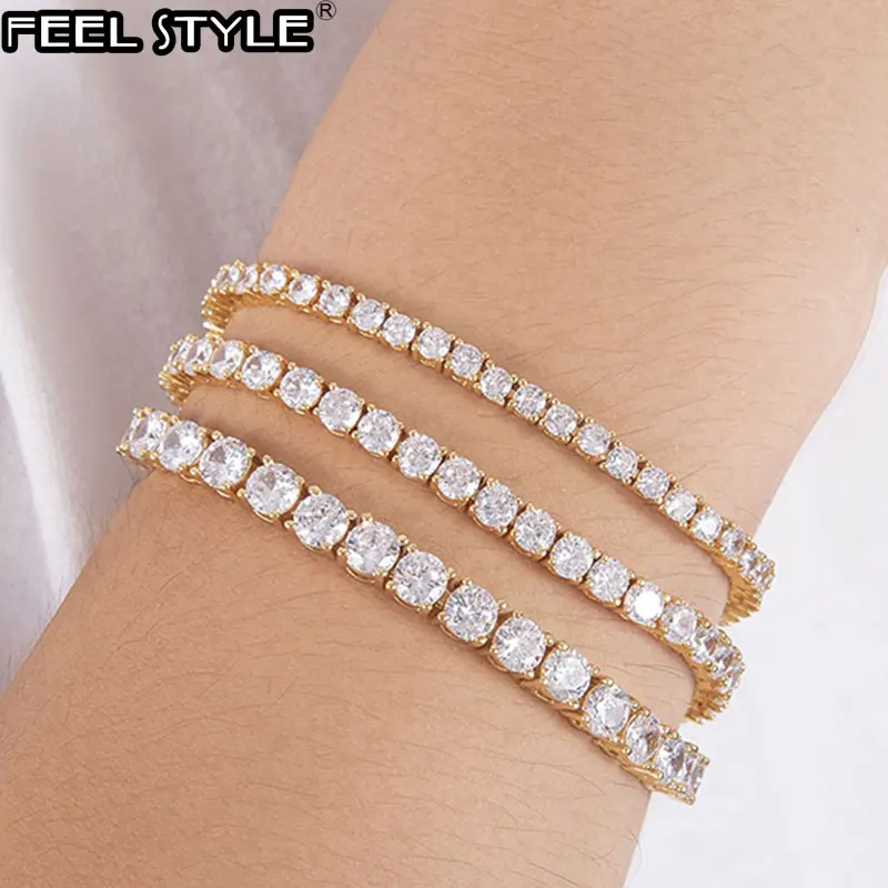 Micro Pave Cubic Zircon 3mm/4mm/5mm 1 Row Copper Tennis Bracelet Bling Mens Bracelet Hip Hop Jewelry 7inch Dropshipping