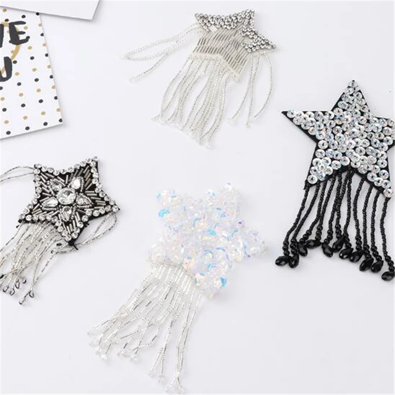 Coloured Sparkling Rhinestone Five-pointed Star Tassel Clothes Patches Patches for Clothing Appliques Iron-on stickers