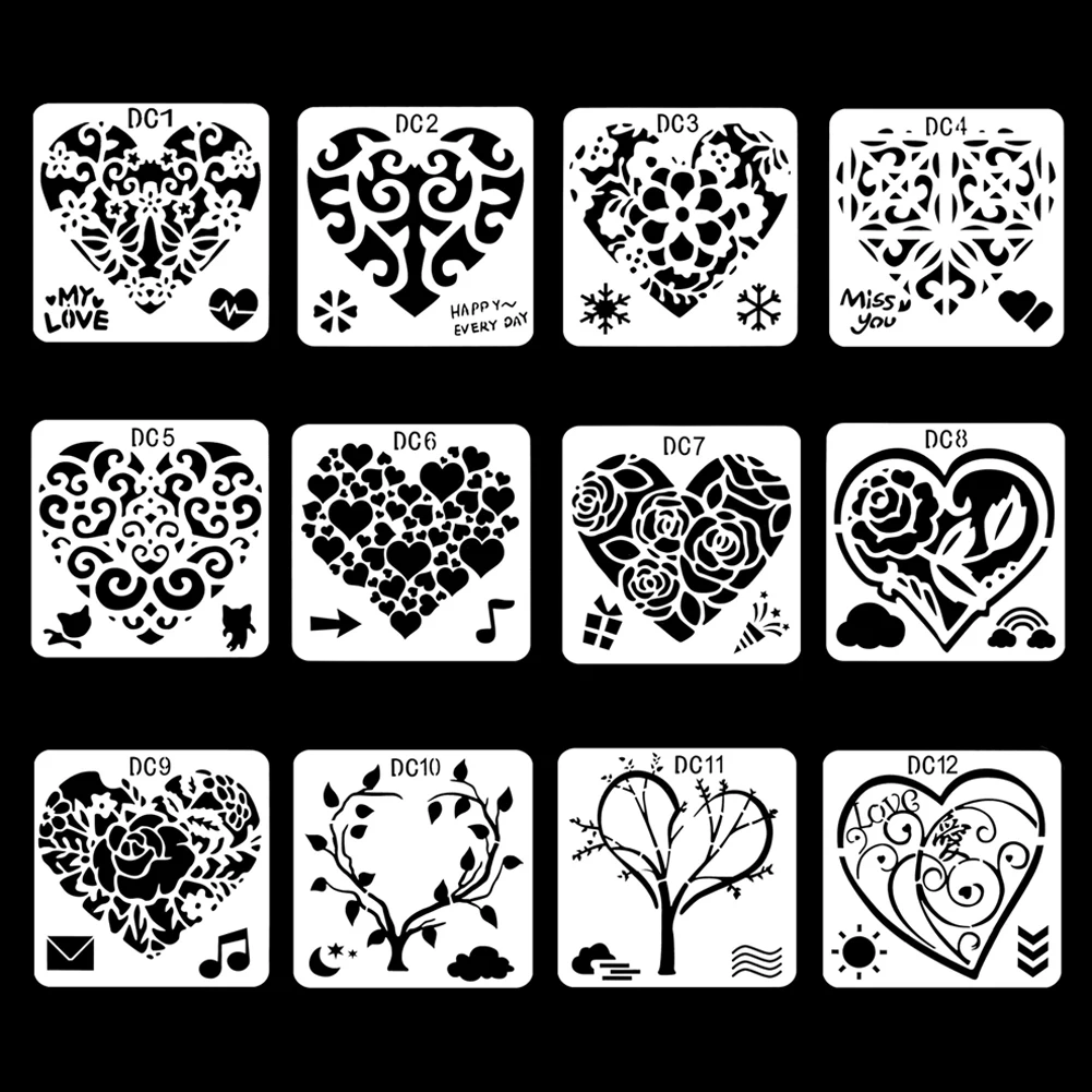 12 Types DIY Heart-Shaped Theme Painting Template Wall Painting Scrapbook Coloring Embossing Album Decorative Layering Stencils