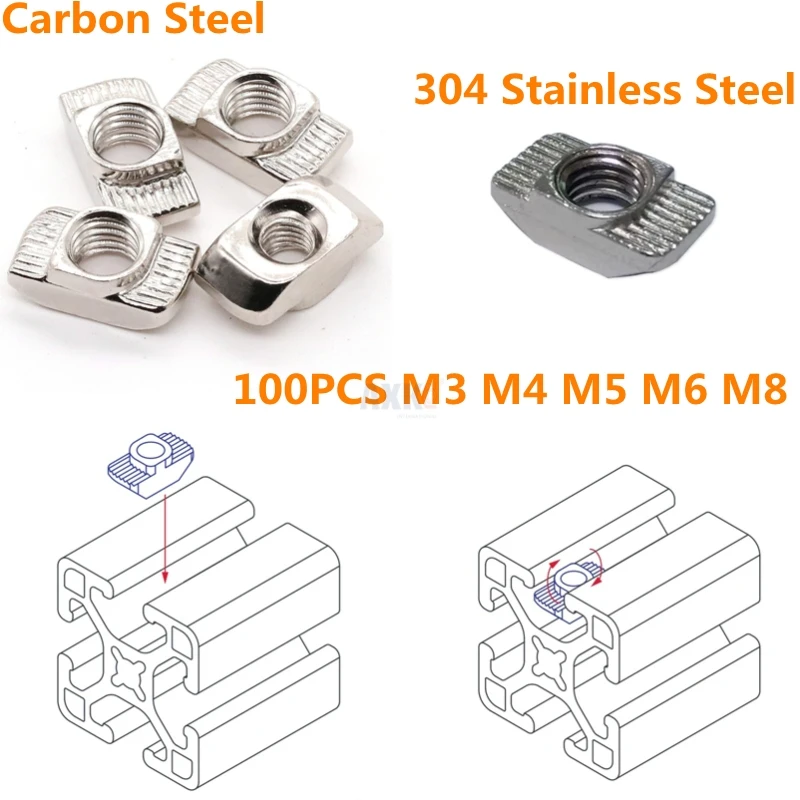 100PCS 2023 3030 4040 4545 Series Aluminum Profiles M3 M4 M5 M6 M8 Thread T-Nut EU Standard T-Slot Carbon Steel Hammer Head 304