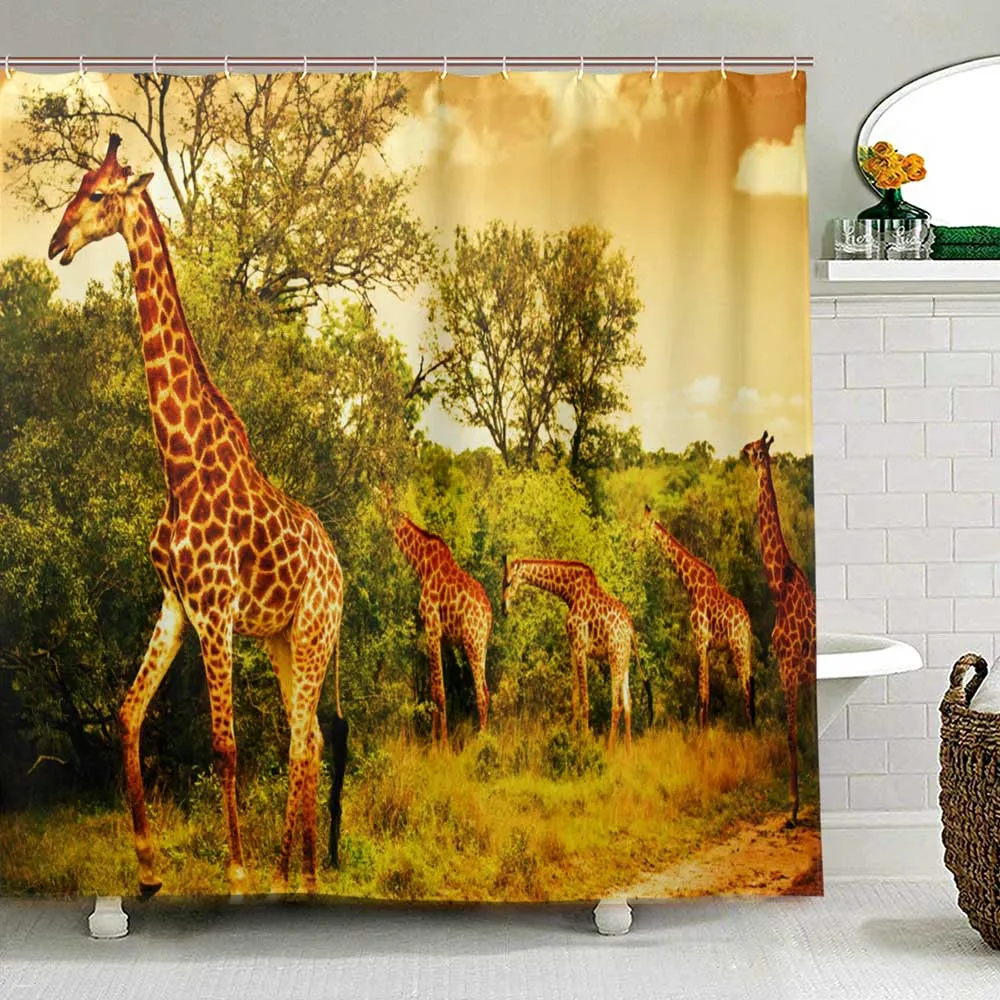 Giraffe Shower Curtain Safari Animals Walking in The Green Forest Savannah Bath Curtain Polyester Fabric Curtains for Bathroom