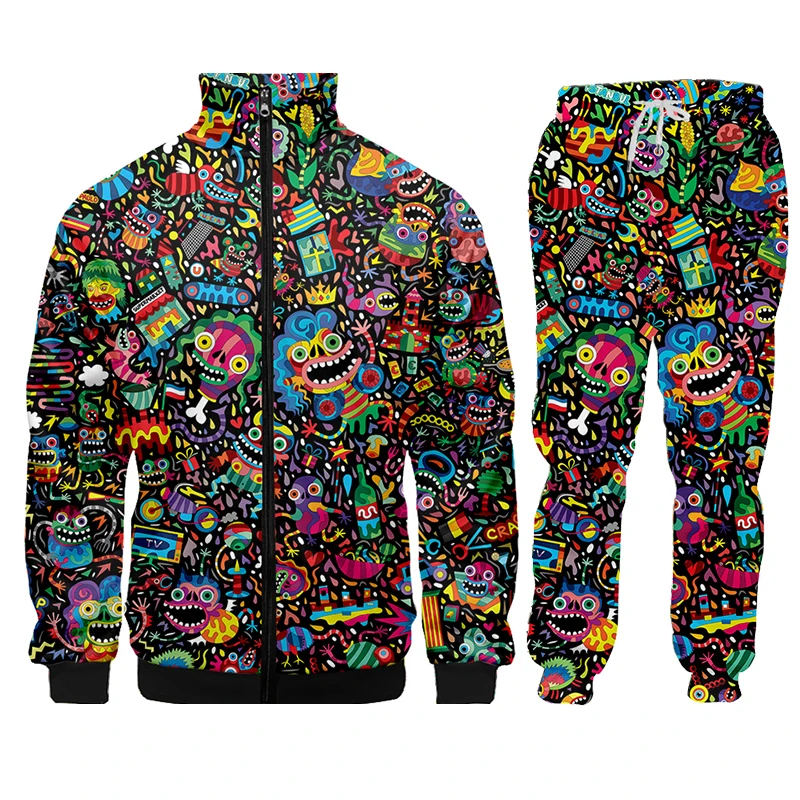 Sudadera con capucha Doodle Monster para hombre, traje con capucha, ropa deportiva de gran tamaño para correr, pantalones de manga larga, estampado