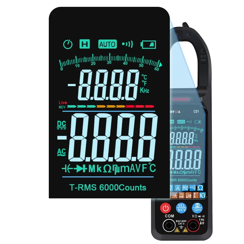 Mutool C21 pinza amperometrica digitale AC/DC tensione di corrente schermo a colori NCV 6000 conteggi vero RMS multimetro di misurazione automatica