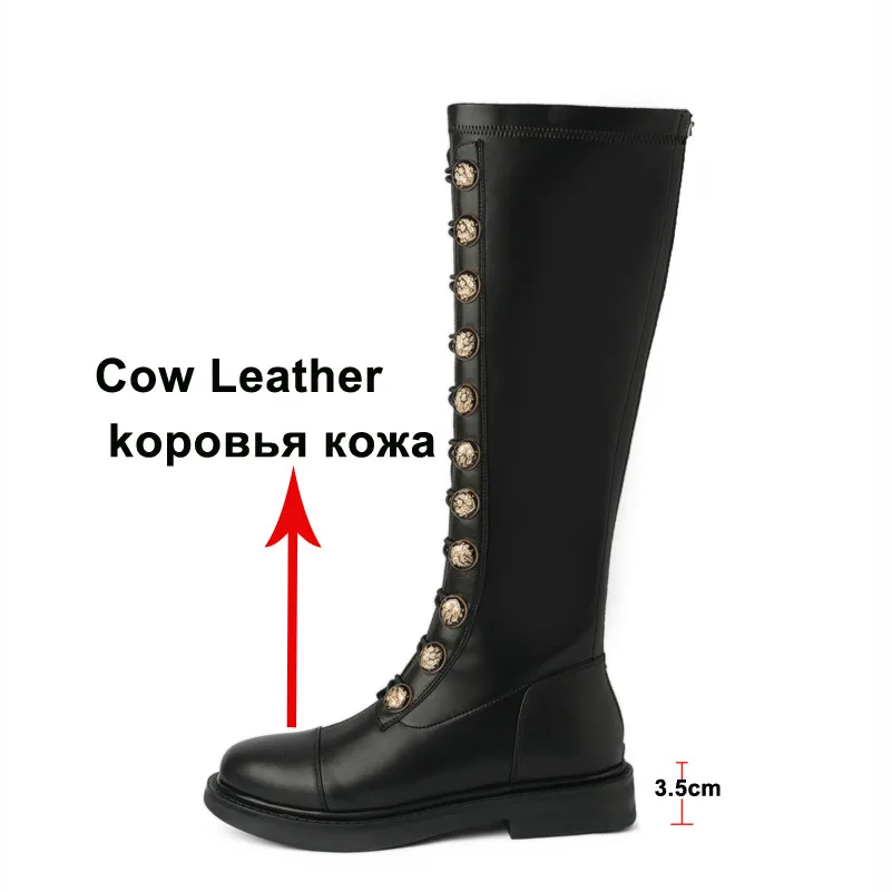 Meotina Real Leather Med Heel Knee High Boots Women Boots Block Heel Slim Stretch Shoes Zipper Female Long Boots Autumn Winter