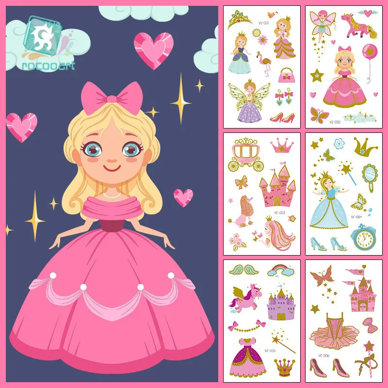 6Sheets/Set Gold Princess Girl Temporary Flash Tattoo Cartoon Fairy Tale CastleDress Up Kid gift Children's Party Tattoo Sticker