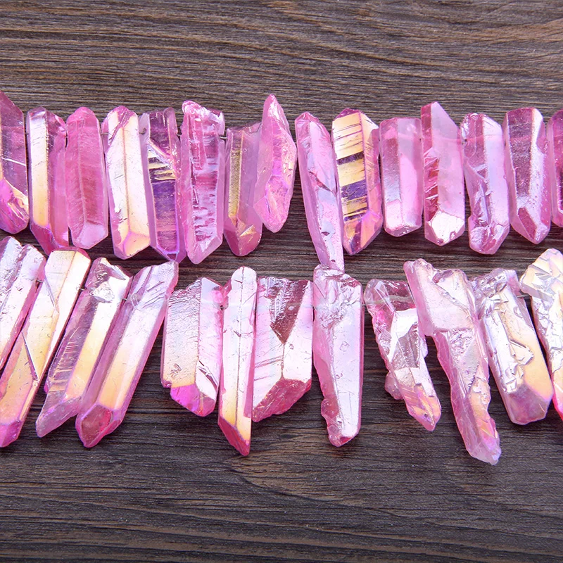 Purple Pink Ab Titanium Natural Quartz Stick Beads Point Pendants Charm Rough Quartz Top Drilled Raw Crystal Handmade Necklace