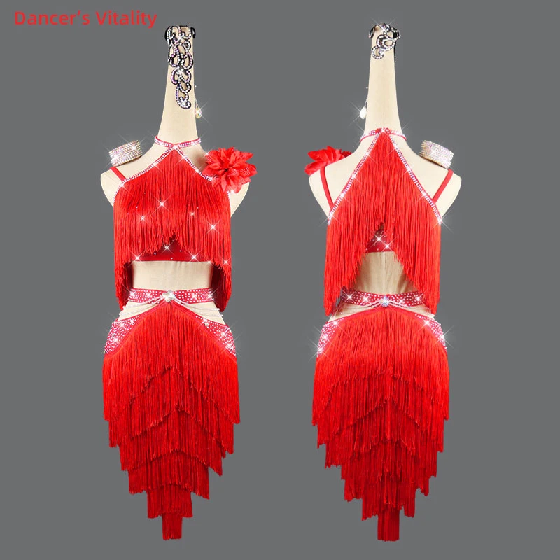 Latin Dance Dress Tassel stones Skirt  Performance Clothing Custom Female Adult Child Competition Clothes latin dance Suit