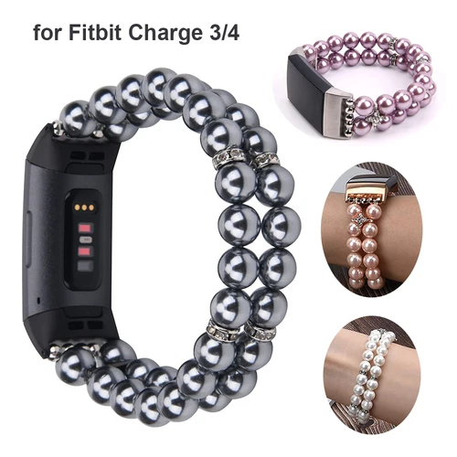 Fitbit Charge 3 4 5 6 용 시계 밴드, 신축성 있는 신축성 쥬얼리 손목 밴드, 교체 스트랩 팔찌, 쉘 진주 구슬 