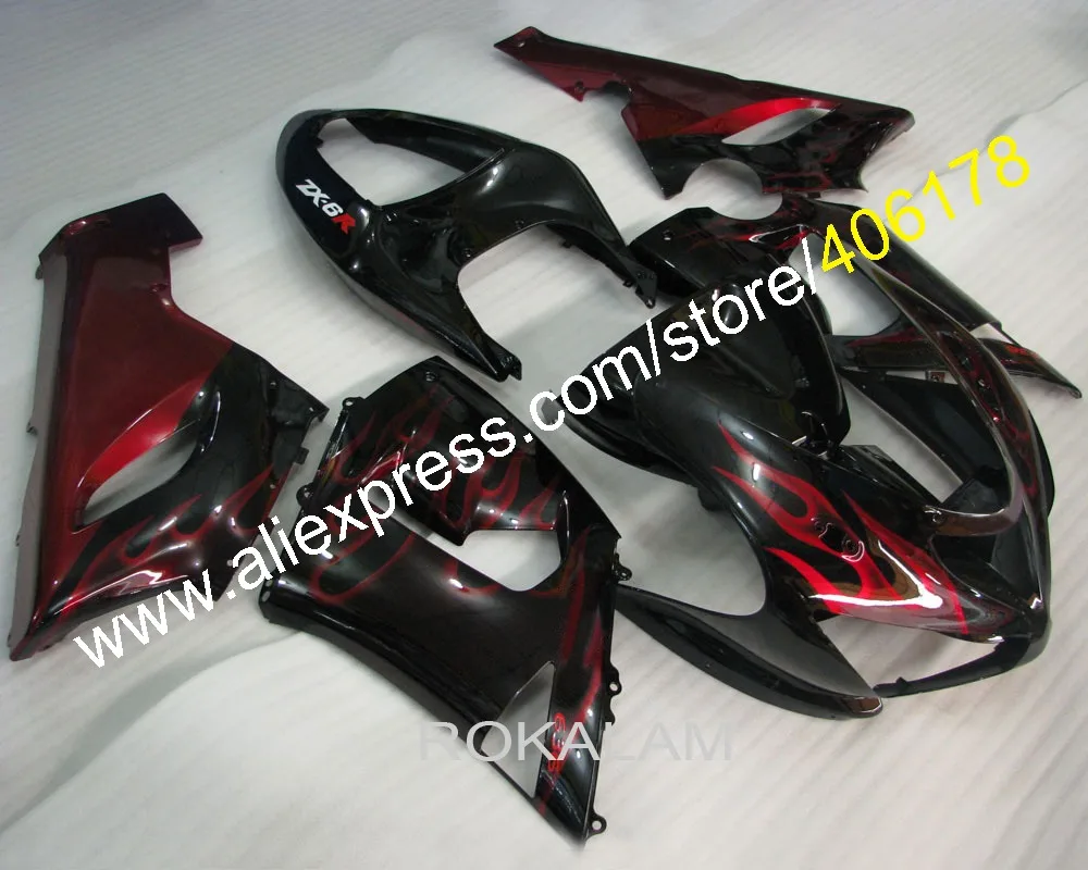 

Обтекатели для мотоциклов Kawasaki Ninja ZX-6R ZX 6R ZX6R 2005-2006, красные, с эффектом пламени, из ABS-пластика (литье под давлением)