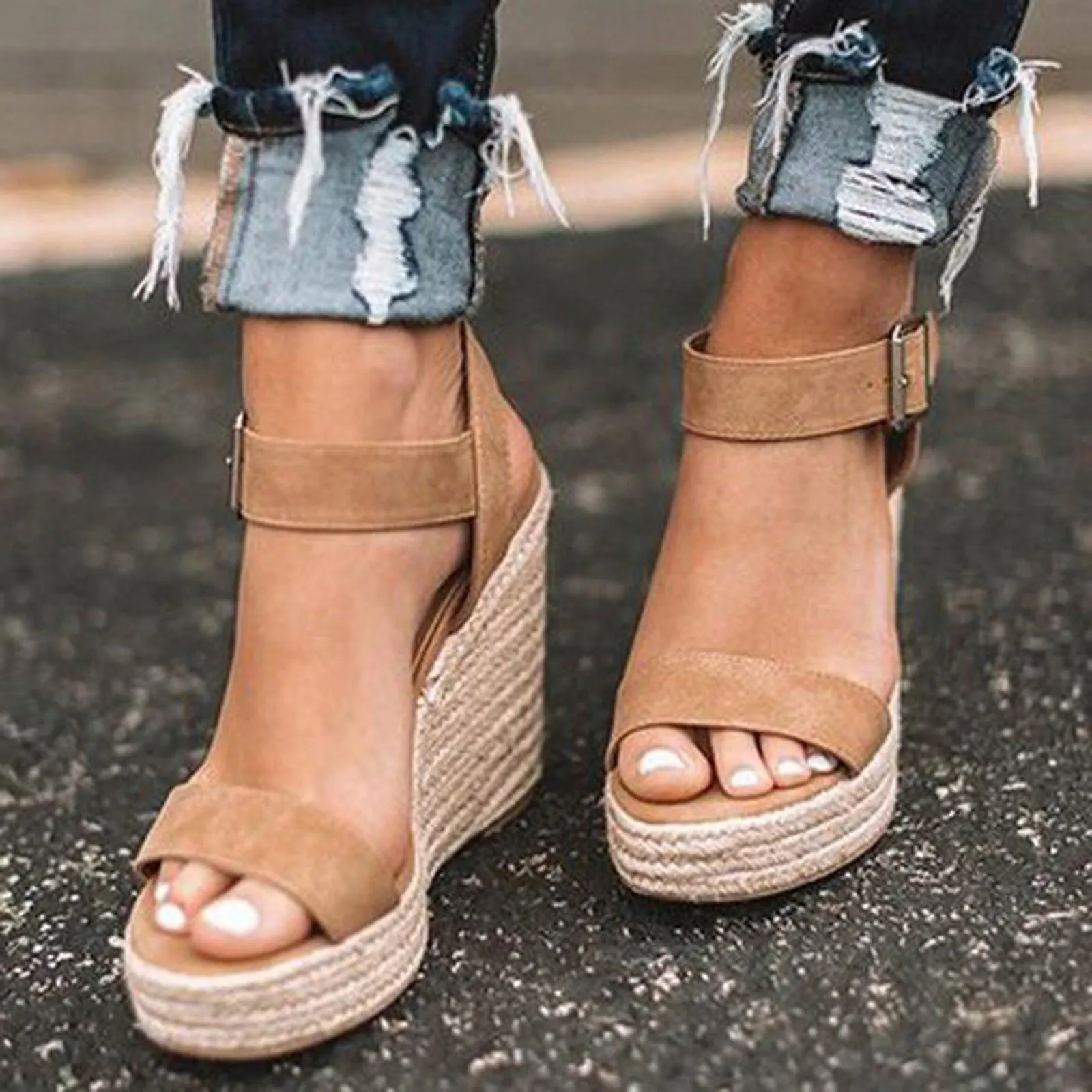 Women Sandals Summer Large Size Wedge Buckle Belt Open Toe Slope Heel Weaving Sandals Breathable Summer Beach Shoes Mujer 2021