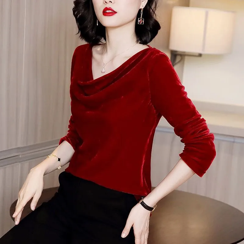 Russian luxury sexy Pleated collar long sleeve velour blouse, Autunm Elegant vintage velvet shirts  Spring tops