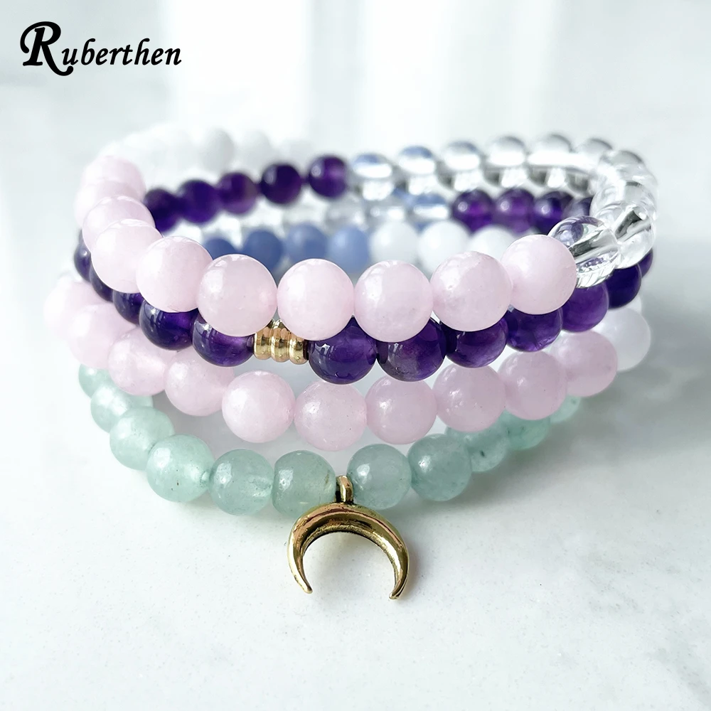 Ruberthen 6 mm Mix Crystals 108 Mala Bracelet New Women`s Amethyst Clear Quartz Bracelet Gemstone Yoga Spiritual Mala Jewelry