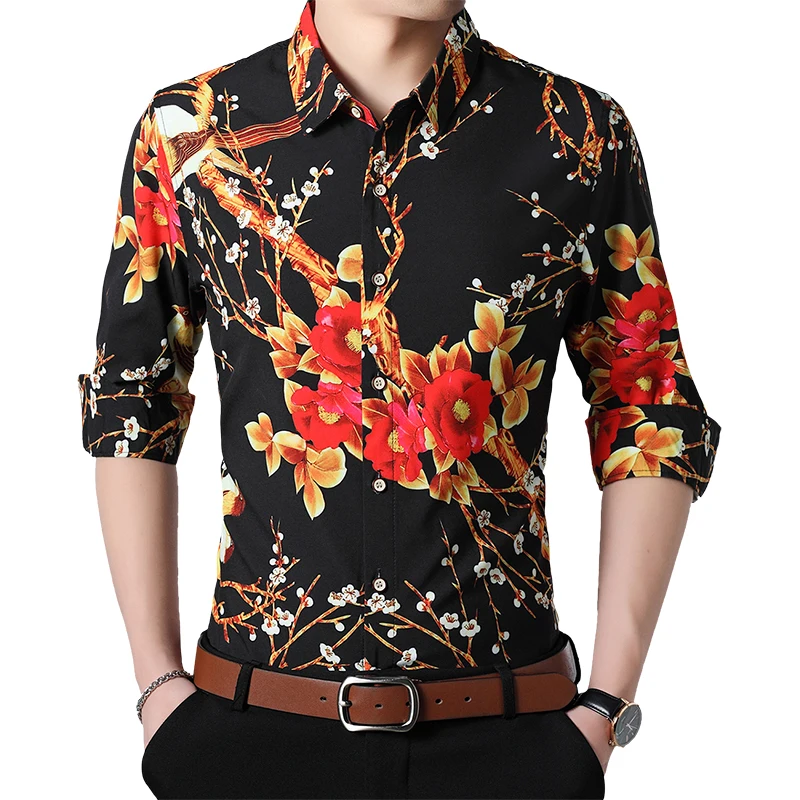 

Casual Men's Shirts Autumn New Fashion Flower Bird Print Shirt Plus Size 5XL 6XL 7XL Long Sleeve Floral Hawaiian Beach Shirt