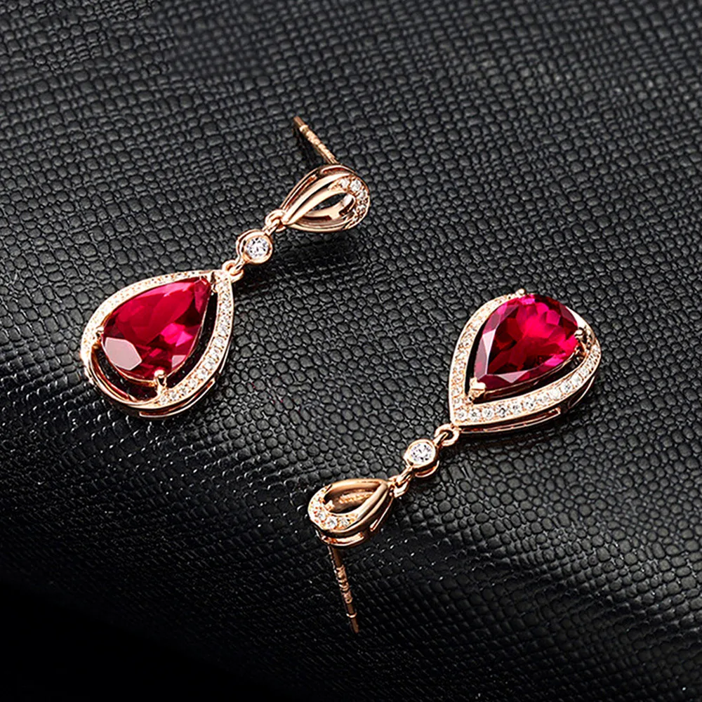 18K Rose Goud Kleur Ruby Edelstenen Zirkoon Diamond Dangle Drop Oorbellen Voor Vrouwen Luxe Sieraden Party Bijoux Crystal Pendientes