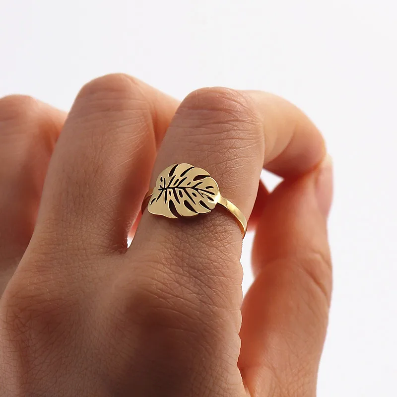 Tropical Leaf Ring Greenery Jewelry Palm Leaf Rings For Women Ring Stainless Steel Anillos Hombre Hawaiian Gift