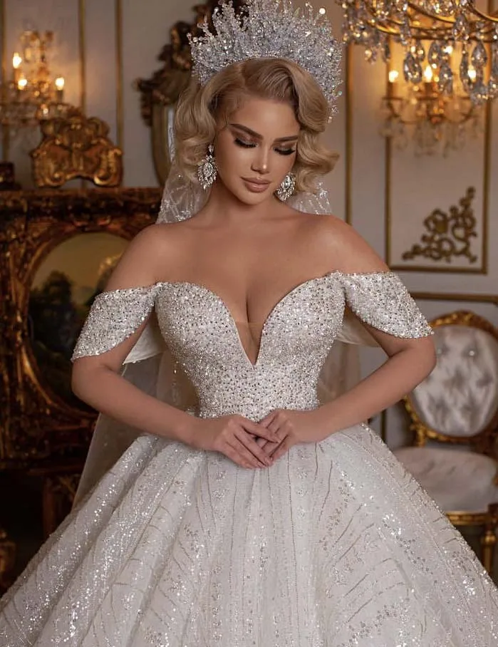 2022 vintage fora do ombro querida frisado bling manga curta inchado vestido de baile vestidos de casamento