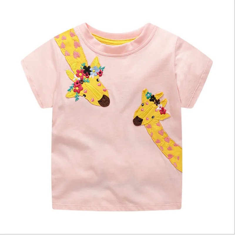 T-shirts d\'été en coton pour filles, hauts à manches courtes, avec animaux brodés, à la mode, pour enfants en bas âge