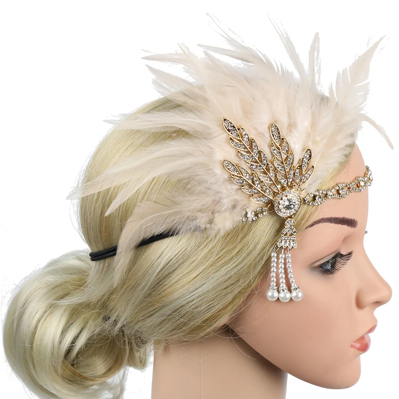 1920s Flapper Headband Feather Headpiece Roaring 20s Great Gatsby Inspired Leaf Medallion Pearl Headband Women Hair Accessories