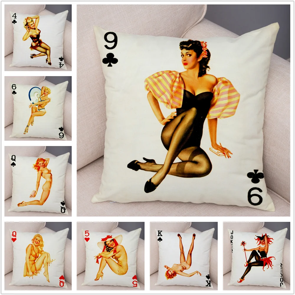 Vintage Poker Sexy Poster Girl Cushion Cover Pillowcase Decor Lady Pillow Case Super Soft Short Plush for Sofa Car Home 45x45cm