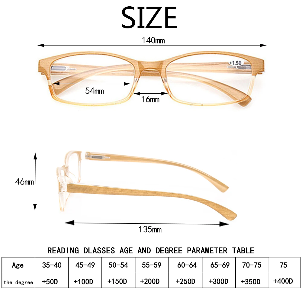 Henotin Spring Hinge Reading Glasses Men's Women's Eyeglasses with Wood Grain Rectangular Frame HD Reader Prescription Eyewear