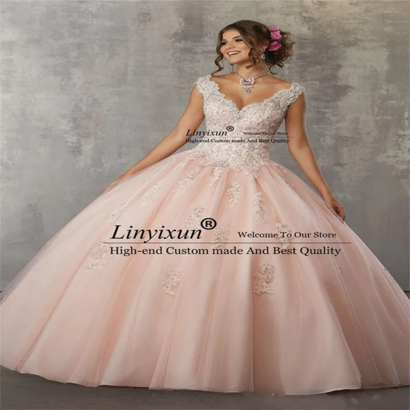 Rosa quinceanera vestidos de baile de manga longa vestidos de baile tule applique rendas sexy doce 16 vestido personalizado 15 anos