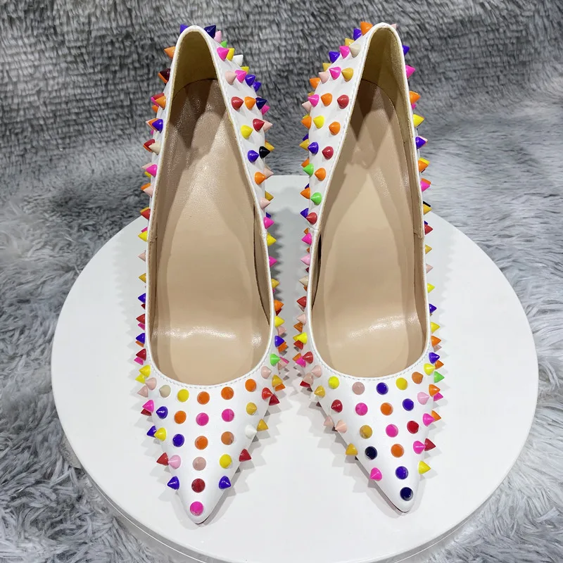 Tikicup Multi-Color Spikes Women White Matte Pointy Toe High Heel Celebrity Party Shoes Sexy Ladies Slip On Thin Stiletto Pumps