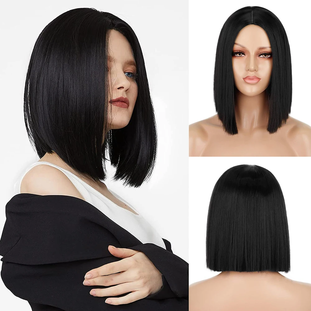 Short Bob Wig Synthetic Straight Hair Wigs Colorful Cosplay Wig With Middle Hairline for Women Heat Resistant Black Blue Pink