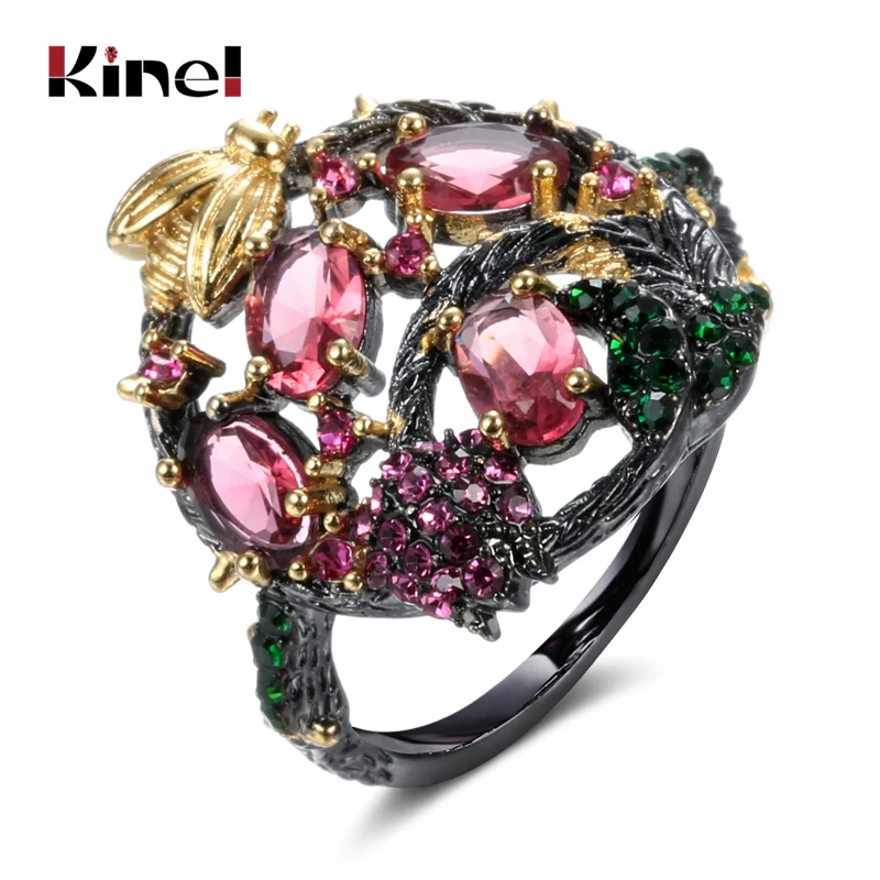 Kinel Luxury Ethnic Bridal Wedding Ring Gun Black Gold Red Natural Zircon Finger Rings For Women Lucky Flower Vintage Jewelry