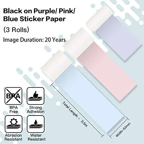 3 Rolls Phomemo Colorful Thermal Sticker Paper for Phomemo M02/M02 Pro/M02S Pocket Printer Black on Purpple/Pink/Blue 50mmx3.5m