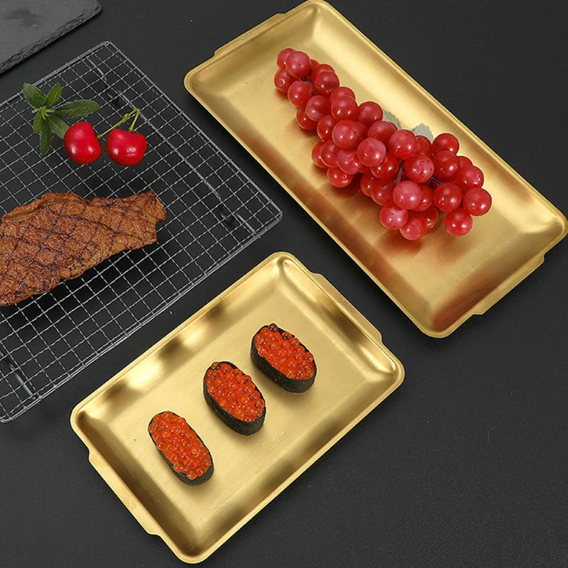 Stainless Steel Food Storage Tray Golden Square Plate Snack Dessert Fruit Bread Serving Pan Home Kitchen Tools