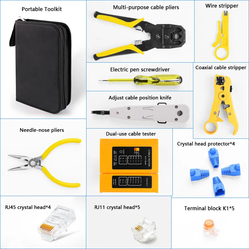 Handskit RJ45 RJ11 RJ12 Network Repair Plier Tool Kit With Utp Cable Tester Spring Clamp Crimping Tool Set Crimping Pliers