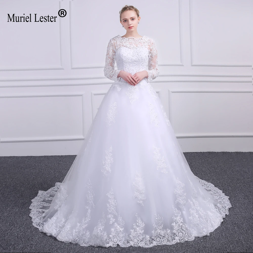 Vestidos de novia de manga larga de encaje, línea A, Blanco/Marfil, apliques de cuello redondo, novia de tul Gelinlik 2020 H111, 2020