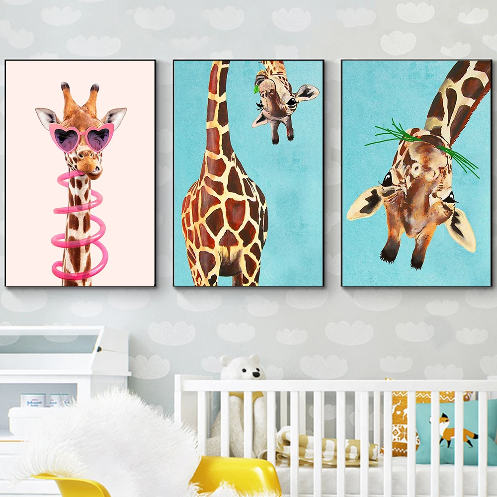 Animal Painting Art Print Illustration Nursery Canvas Poster Giraffe With Leaf And Upside Down Wall Hanging Decor For Kids Room