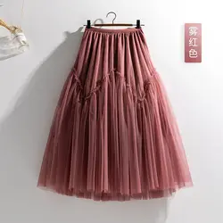 Women Skirt Black Red Beige Patchwork Cake Skirt High Waist A-Line Simple Elegant Mesh Tulle Midi Skirt Party Spring Autumn