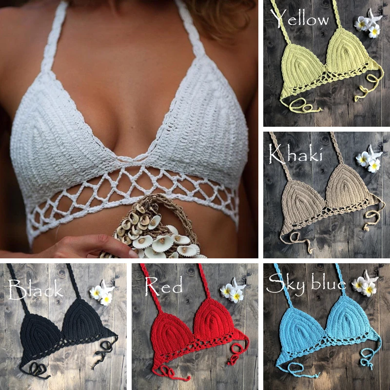 2019 Summer New Sexy Crochet Bikini Crop Tops Beachwear Hollow Out Bikini Bra Strap Vest Hanging Halter Tank Women's Cropped