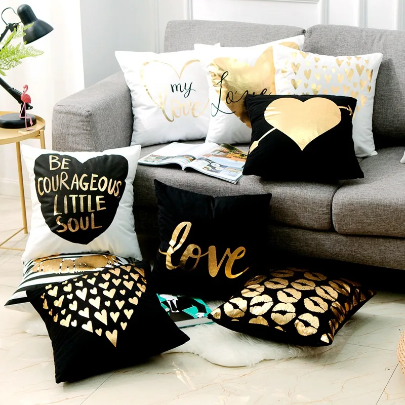 Love Black And White Bronzing Cushion Decorative Pillows Gold Foil Geometric Pillowcase Home Decor Sofa Throw Pillow 17*17inch