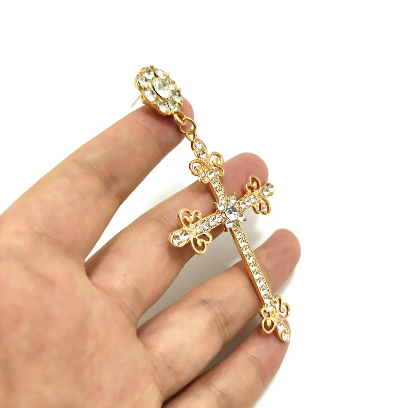 KUGUYS Showily Cross Dangle Earring for Women Drop Metal Crystals Gold Color Long Religious Classic Jewelry Vintage Accessories