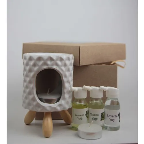 Gift Idea Lozenge Pattern White Color Censer and 3 Pcs Oil Set