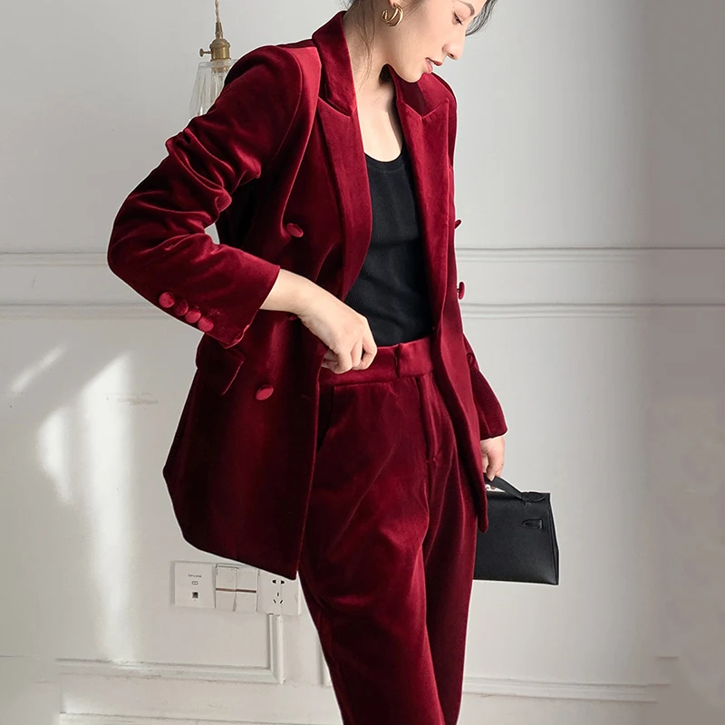 Red Velvet Blazer Peaked Lapel V Neck High Quality Double Breasted Suits Loose Office Lady Daily Casul Party Wear Jacket