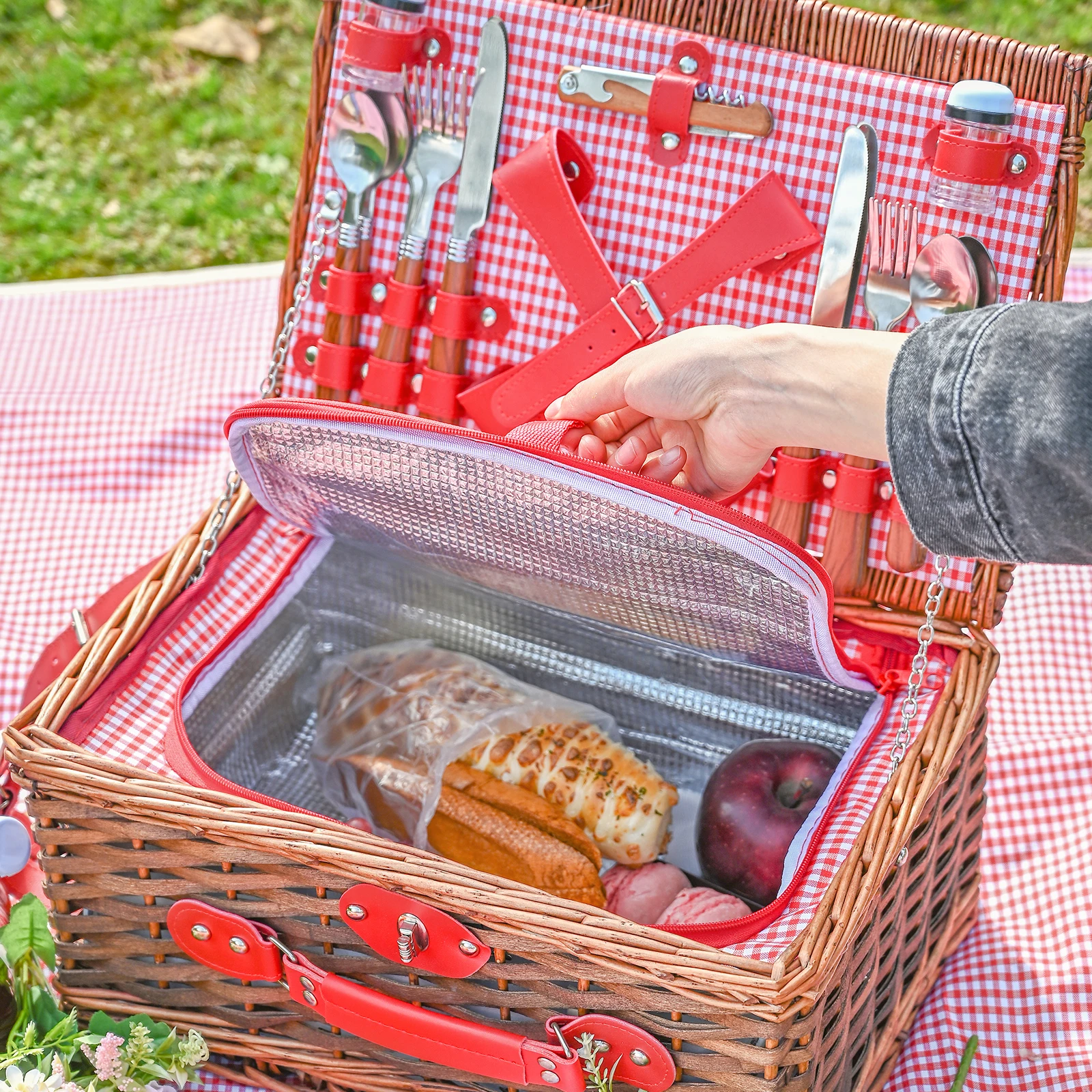 24PCS Handmade Wicker Picnic Basket Set for 4 Person with Waterproof Picnic Blanket Cutlery Corkscrew for Family Outdoor Party