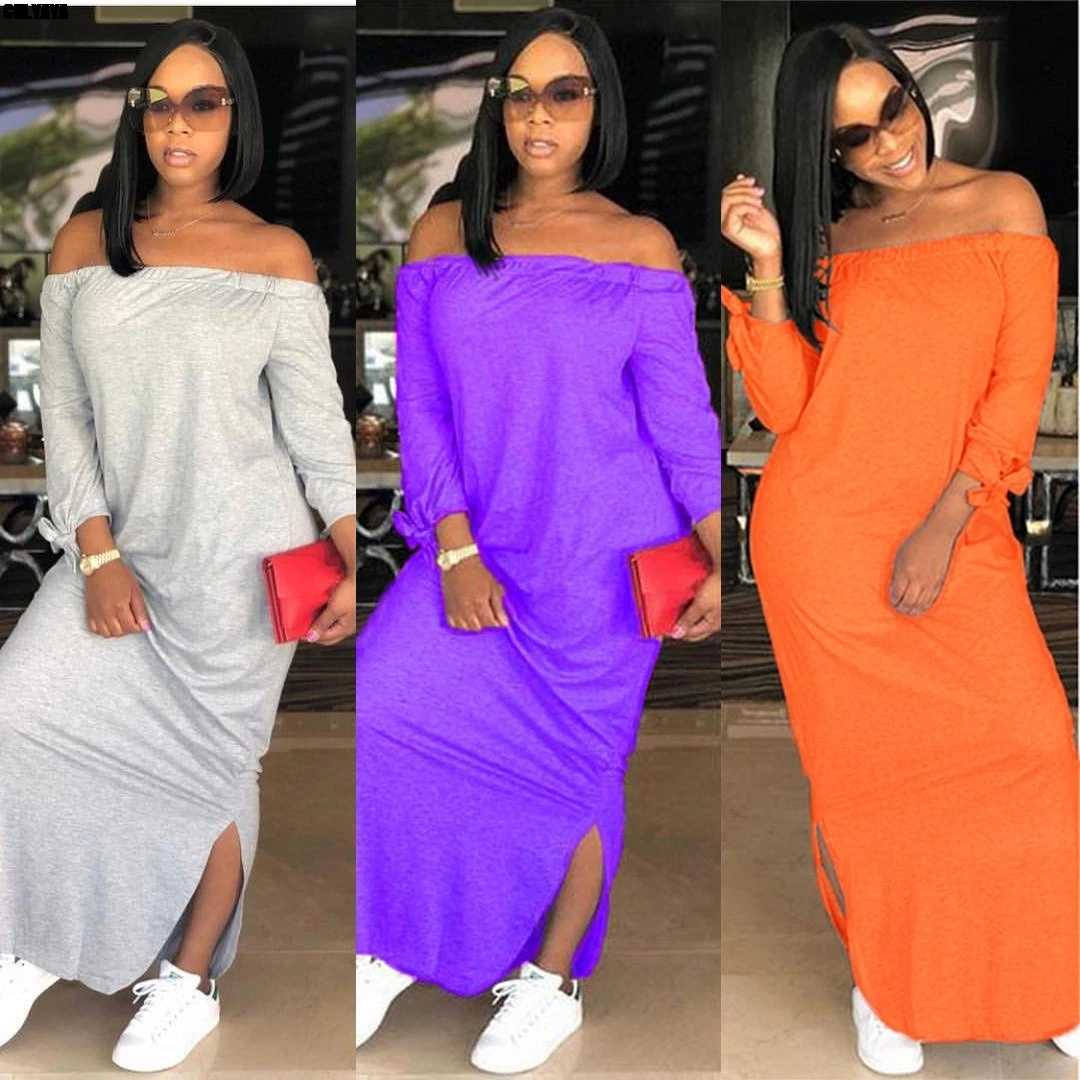 

women solid dress off shoulder slash neck split side slim long maxi dress vestidos loose ankle length long sleeve sleep wear