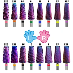 Brocas de carburo de tungsteno 4 en 1 para fresado de uñas, tamaño 7,0, grande, mediano, pequeño, 3 tamaños, púrpura, dos manos, 6,0