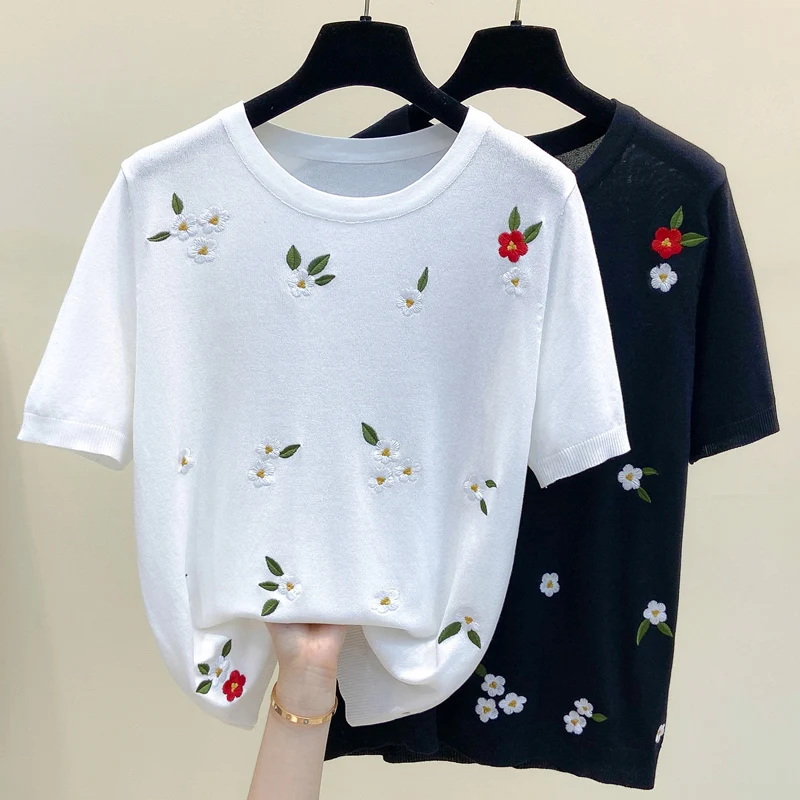 M-4X size embroidery women sweater pullover 2021 short sleeve o neck flower kintting female whine t-shirt thin jumper