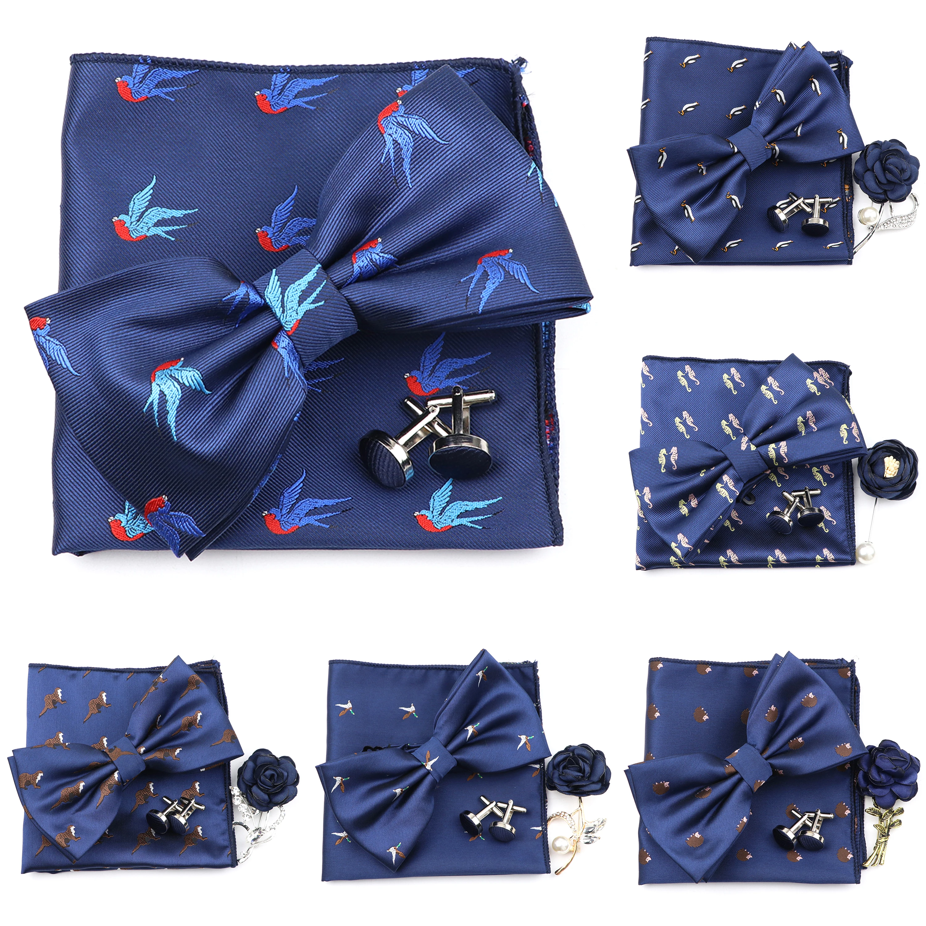 

New Dark Blue Mens Bow Tie Set Polyester Jacquard Woven Bowtie Handkerchief Brooch Cufflinks Suit Set For Business Wedding Party