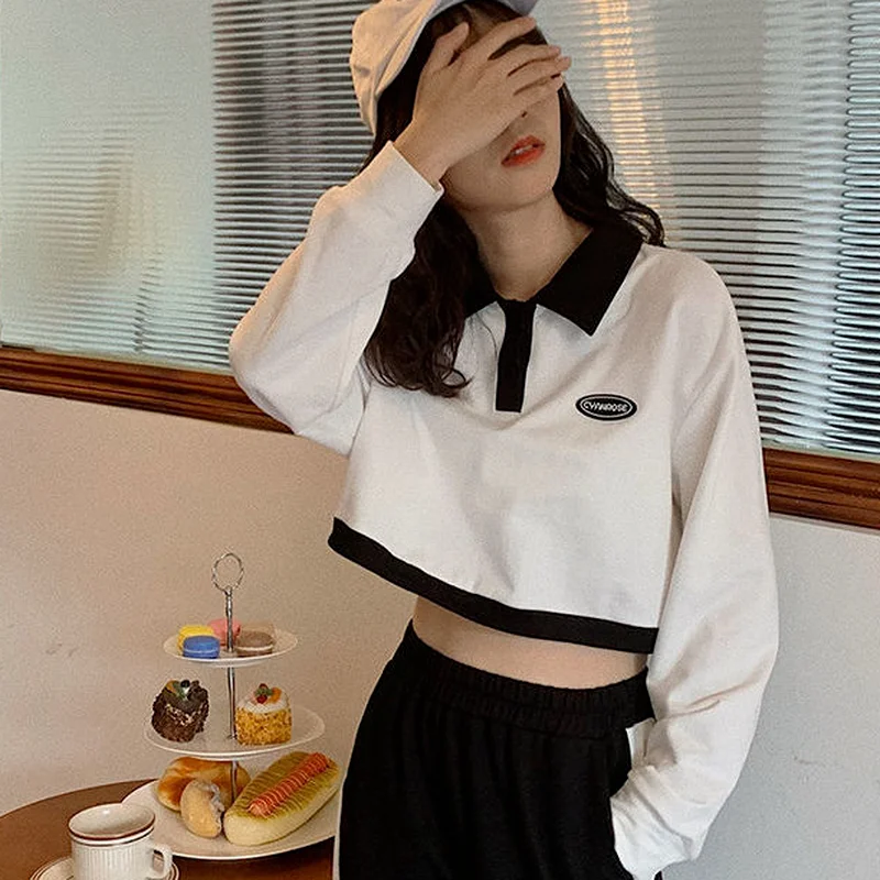 Sweatshirts Women Turn Down Collar Full Sleeve Patchwork Young Cropped Shirring Leisure Daily College Loose Sweet Feminino Ins