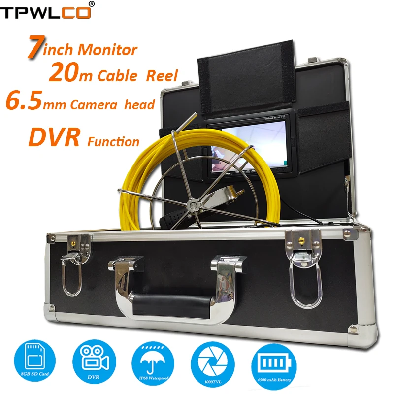 

7inch LCD Monitor 20m Cable Pipeline Endoscope Inspection System With DVR Function Diameter 6.5mm CCTV Sewer Industrial Camera