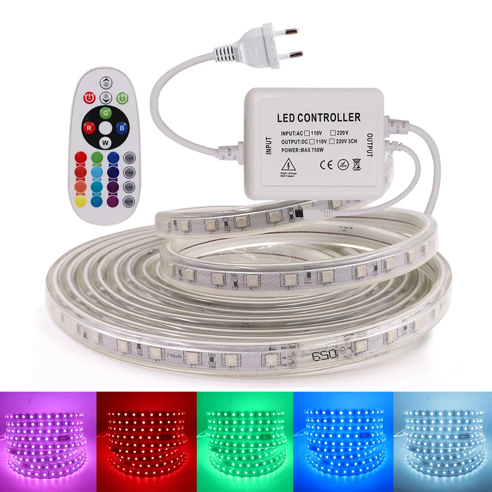 AC 220V-240V 5050 RGB LED Strip Light Waterproof Outdoor Lamp + 24Key Remote 60LEDs/m Led Tape Rope Light For Home Decoration