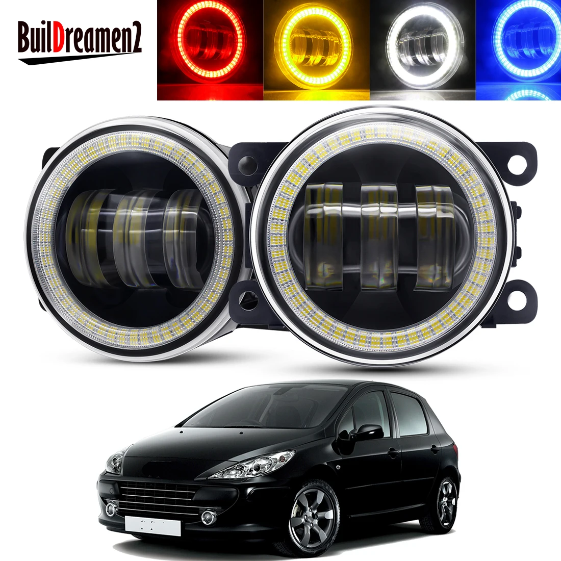 2 Pieces Angel Eye Fog Light Assembly For Peugeot 307 2002-2008 Car LED Lens DRL Fog Driving Lamp 30W 6000LM 12V